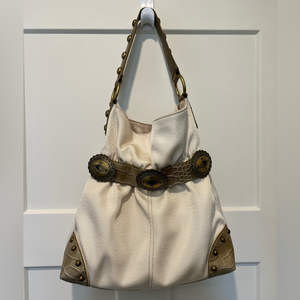 Kathy Van Zeeland Y2K vintage Cream and Tan Hobo Bag